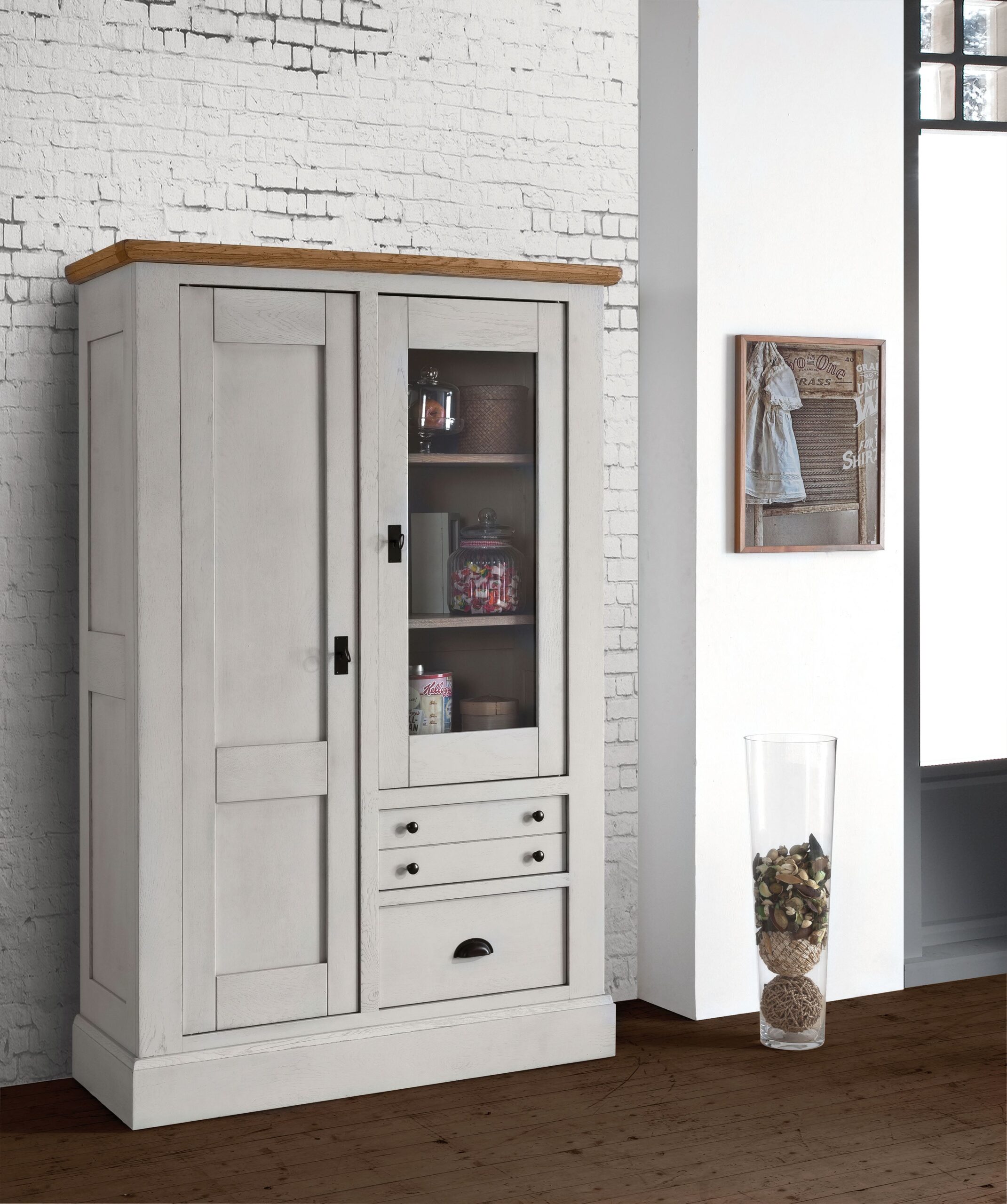 ROMANCE – Vitrine 1 porte vitrée 1 bois 2 tiroirs (RO522)