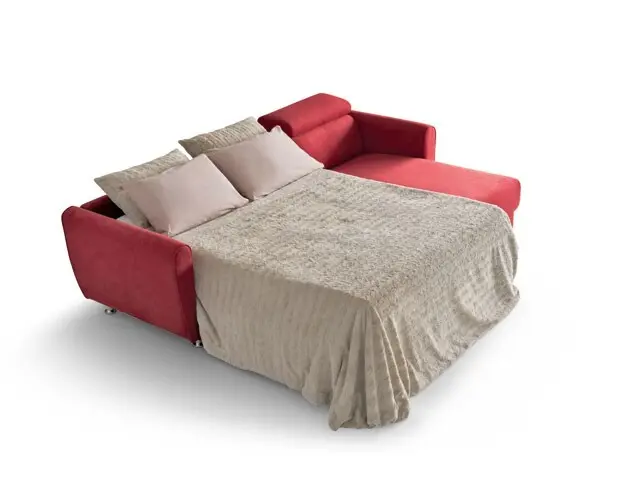 Canapé d'angle GINA STYLE Aerre Divani ouvert en position lit, tissu rouge