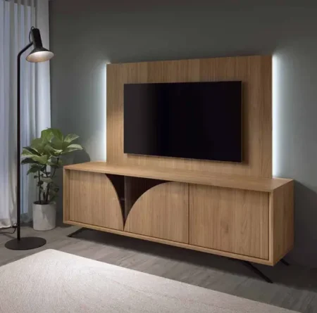 Meuble TV de la collection AIRe de Salcedo, façades Formas, finition bois